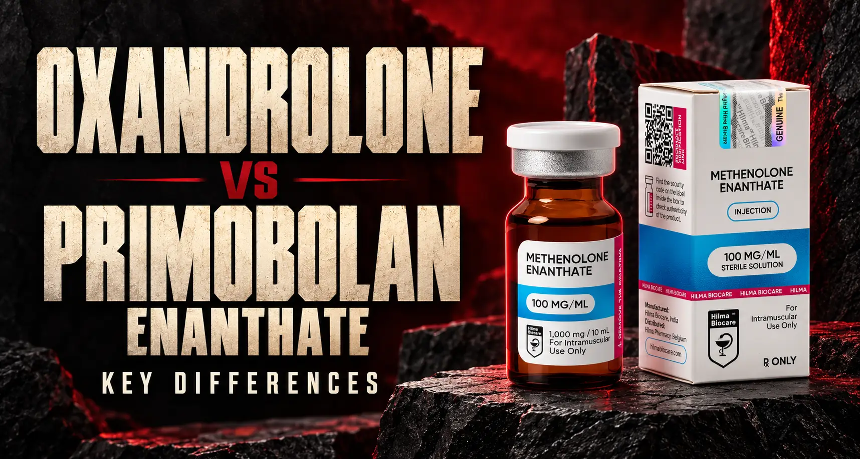 Oxandrolone vs Primobolan enanthate comparison with a Hilma Biocare methenolone vial and box